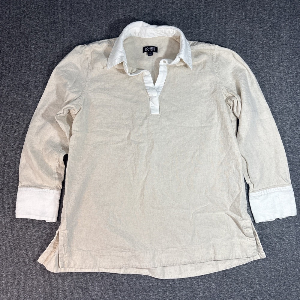 Jones New York Tunic Top Womens Sz. S Tan & White Linen Blend Long Sleeve V Neck